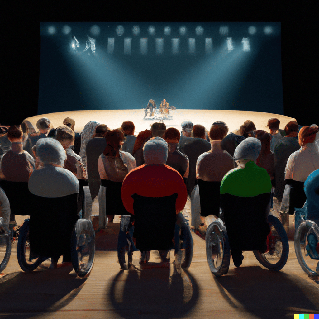 wheelchair users watching a dance performance on stage, back facing, 1920 by 1080, photorealistic.png